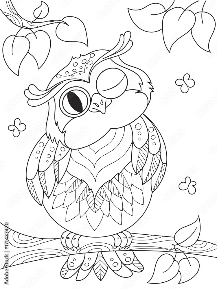 Fototapeta premium Cartoon coloring book. Funny owl on the tree. Black lines, white background