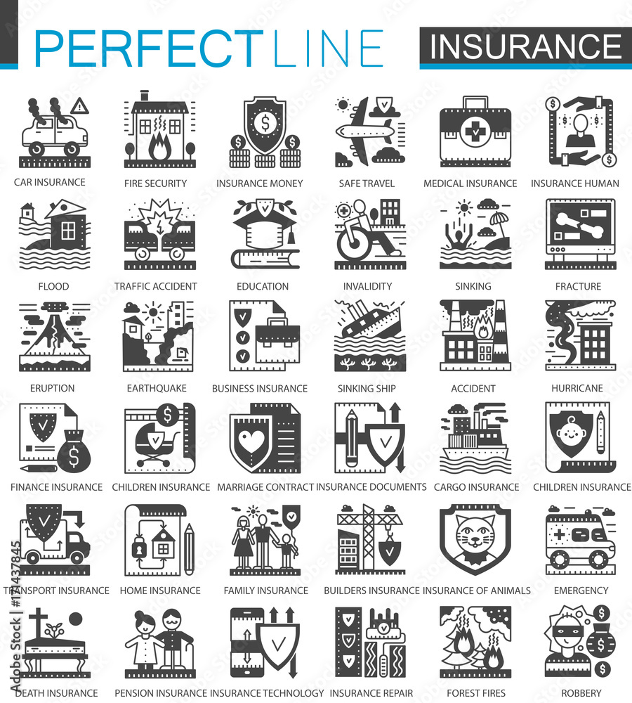 Insurance black mini concept symbols. Accident protection modern icon pictogram vector illustrations set.