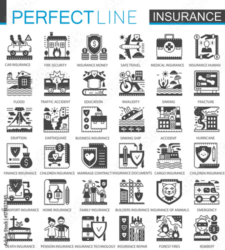 Insurance black mini concept symbols. Accident protection modern icon pictogram vector illustrations set.