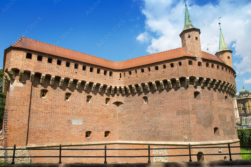 Ancient fortress. Barbican in the Polish city of Krakow.