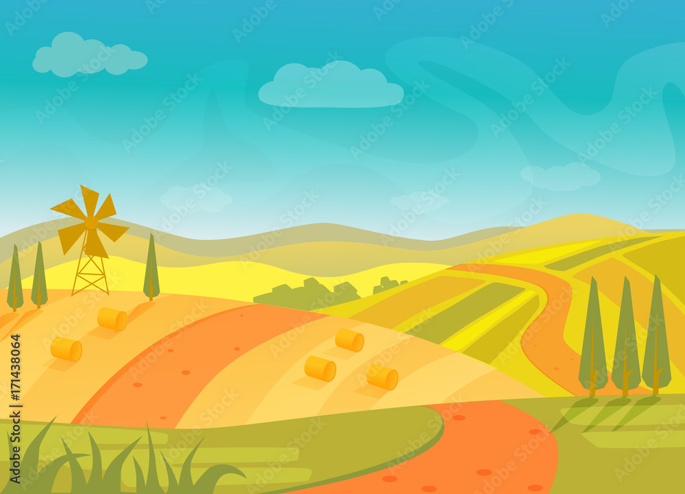 Rural beautiful village landscape with mountains and hills, vector illustration.