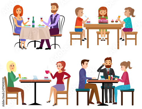 Eating people set. Couple friends family children and businessman sitting in restaurant cafe or bar isolated. Cartoon vector illustration. © lembergvector