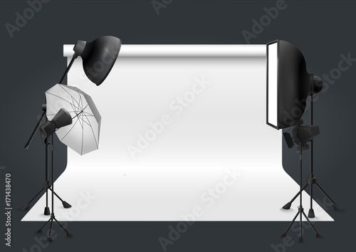 Photo studio with lighting equipment and background. Vector illustration.