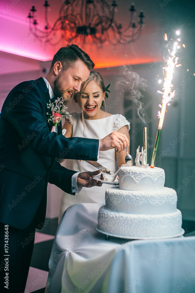 Happy bride and groom cut the wedding cake in the front of fireworks