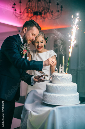Happy bride and groom cut the wedding cake in the front of fireworks
