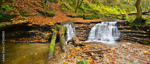 Fototapeta Naklejka Na Ścianę i Meble -  Small Waterfall Covered by Colourful Leaves in Autumn Forest