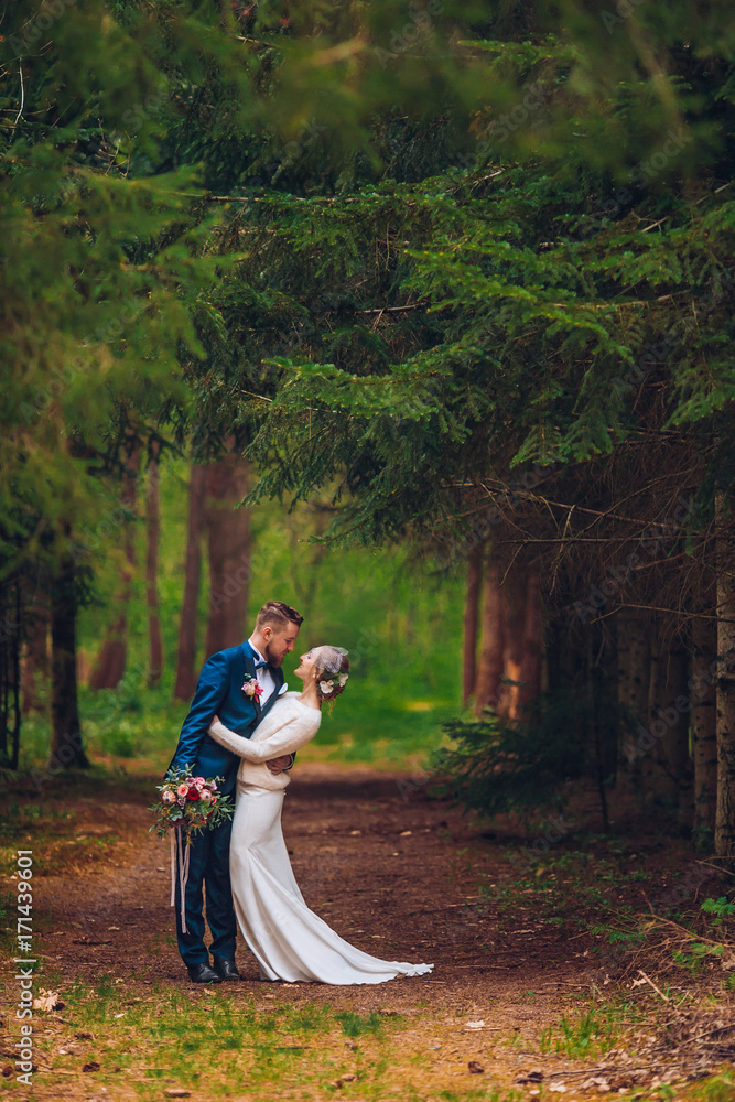 Beautiful newlyweds couple walking in the woods. Honeymooners. Bride and groom holding hand in pine forest.