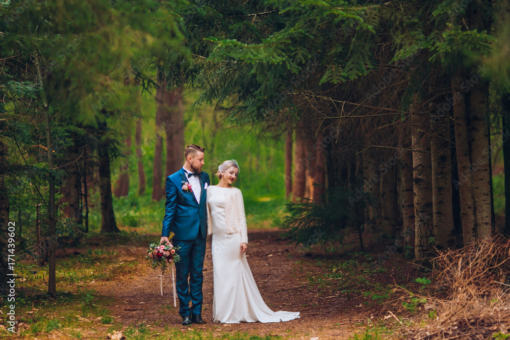 Beautiful newlyweds couple walking in the woods. Honeymooners. Bride and groom holding hand in pine forest.