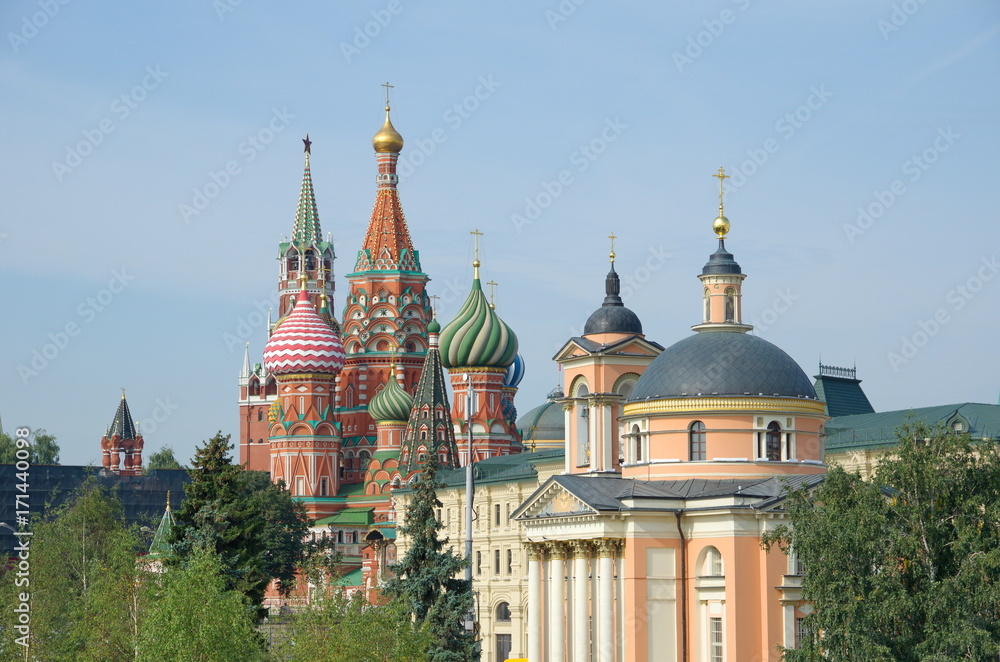 The view from Zaryadye Park on St. Basil's Cathedral and the Church of St. Barbara the great Martyr, Moscow, Russia