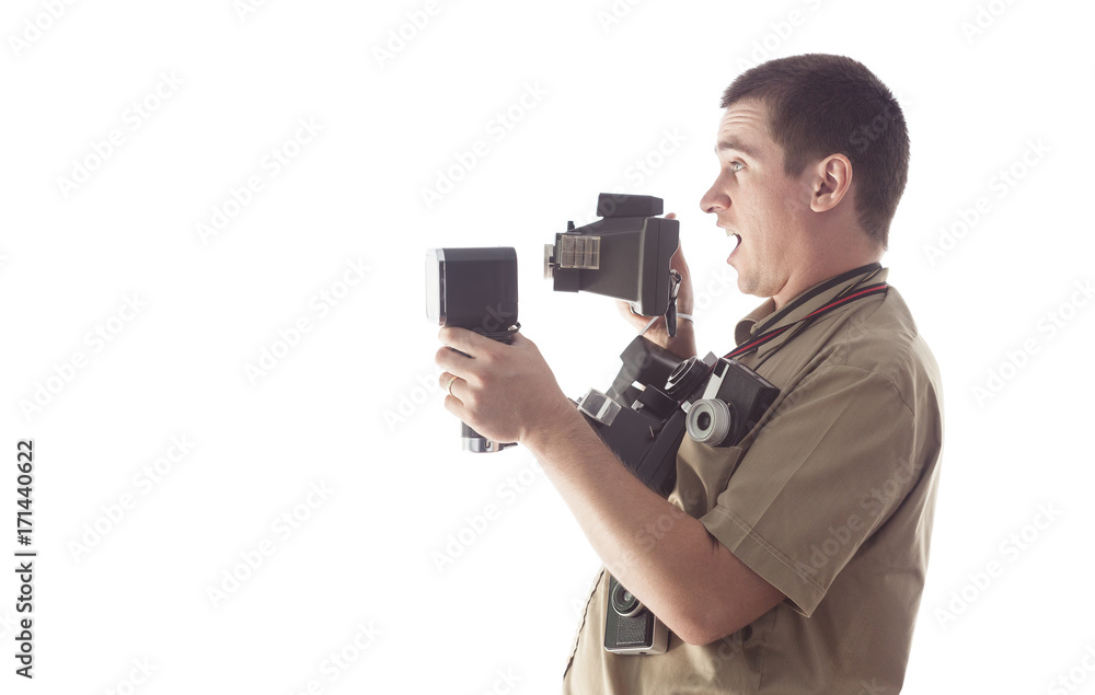 surprised man taking photos with white background surprised man taking photos with white background