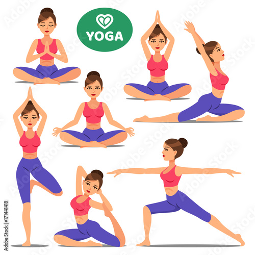Set of girls in various poses of yoga. Woman yoga poses training. Different exercise. Vector illustration.