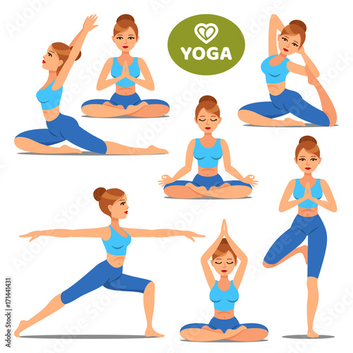 Set of girls in various poses of yoga. Woman yoga poses training. Different exercise. Vector illustration.