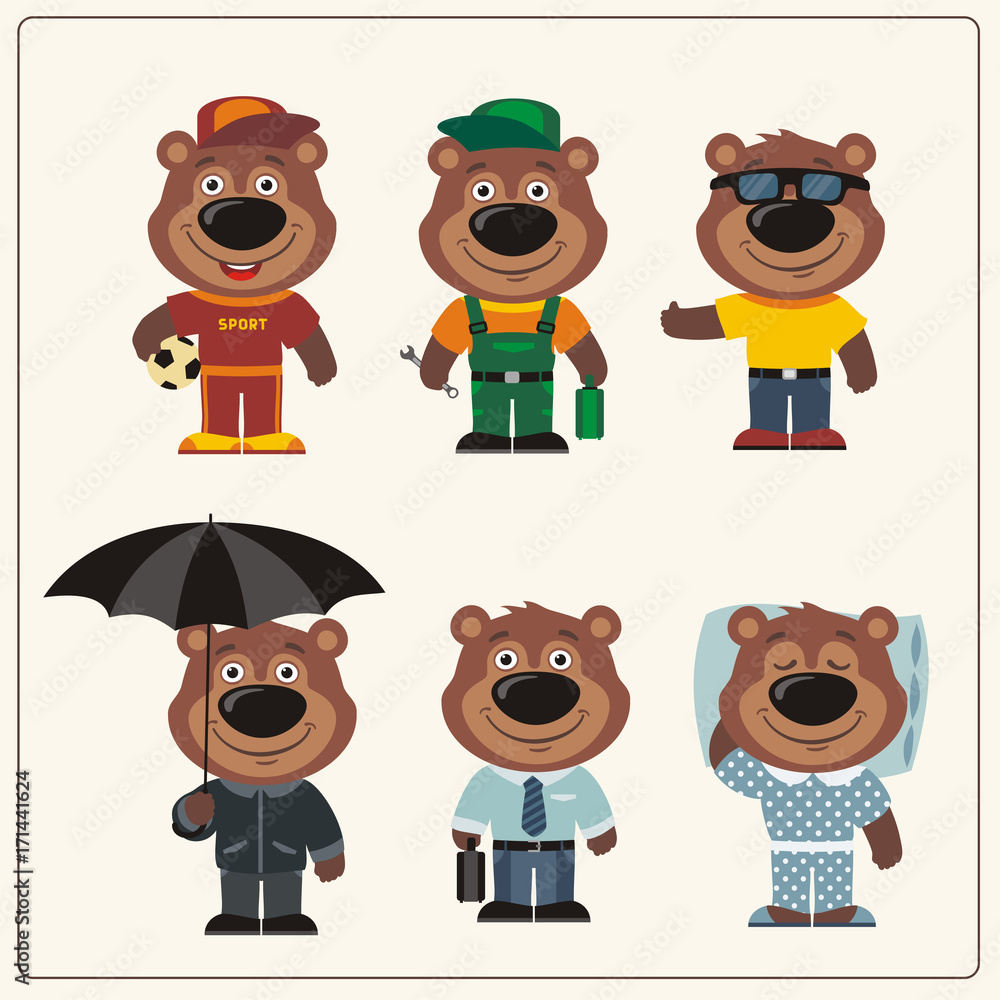 Obraz premium Set funny Teddy Bear in different clothing: sportsman, worker, manager, summer, autumn, sleepwear. Collection isolated Teddy Bears in clothing in cartoon style.