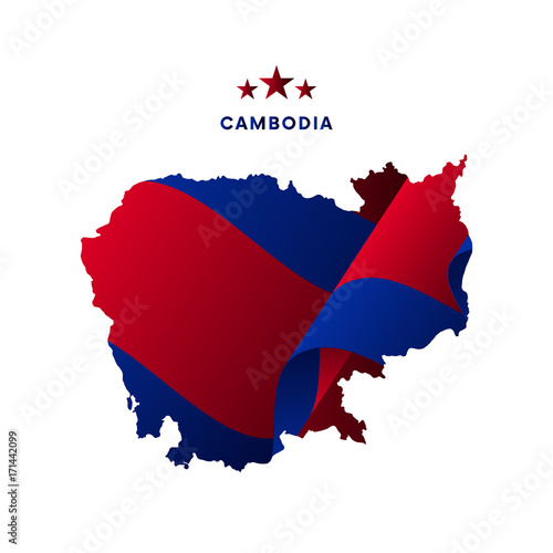 Cambodia map with waving flag. Vector illustration.