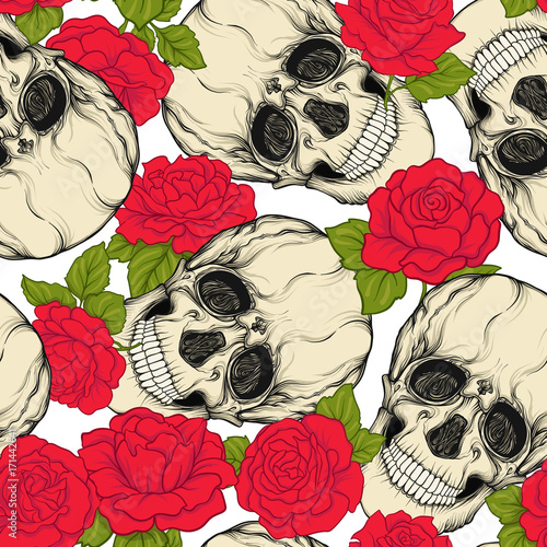 Seamless pattern, background with skull and red roses.