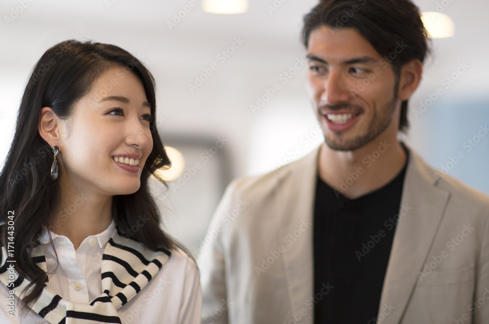Profile of man and woman smiling Profile of man and woman smiling