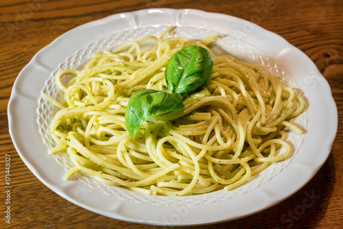 Spaghetti with pesto sauce.