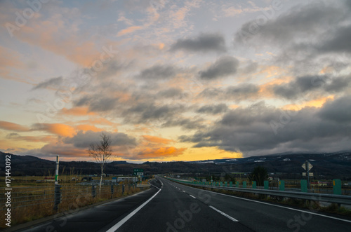 Beautiful sunset view along the road from Asahikawa to Sapporo, Hokkaido's largest city. Driving in Hokkaido is amazing, the road-trip was full with amazing view of natural scene.