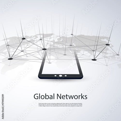 Cloud Computing and Networks - Global Digital Connections, Internet Concept Illustration with Tablet PC, Wireless Mobile Device