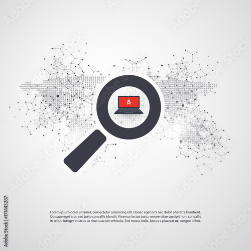 Security Audit, Virus Scanning, Cleaning, Eliminating Malware, Ransomware, Fraud, Spam, Phishing, Email Scam, Hacker Attack Effects and Damage - IT Security Concept Design, Vector illustration