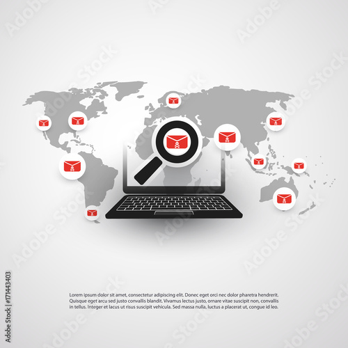 Security Audit, Virus Scanning, Cleaning, Eliminating Malware, Ransomware, Fraud, Spam, Phishing, Email Scam, Hacker Attack Effects and Damage - IT Security Concept Design, Vector illustration