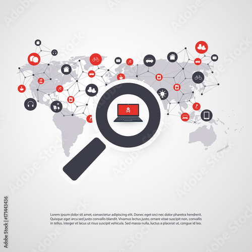 Security Audit, Virus Scanning, Cleaning, Eliminating Malware, Ransomware, Fraud, Spam, Phishing, Email Scam, Hacker Attack Effects and Damage - IT Security Concept Design, Vector illustration