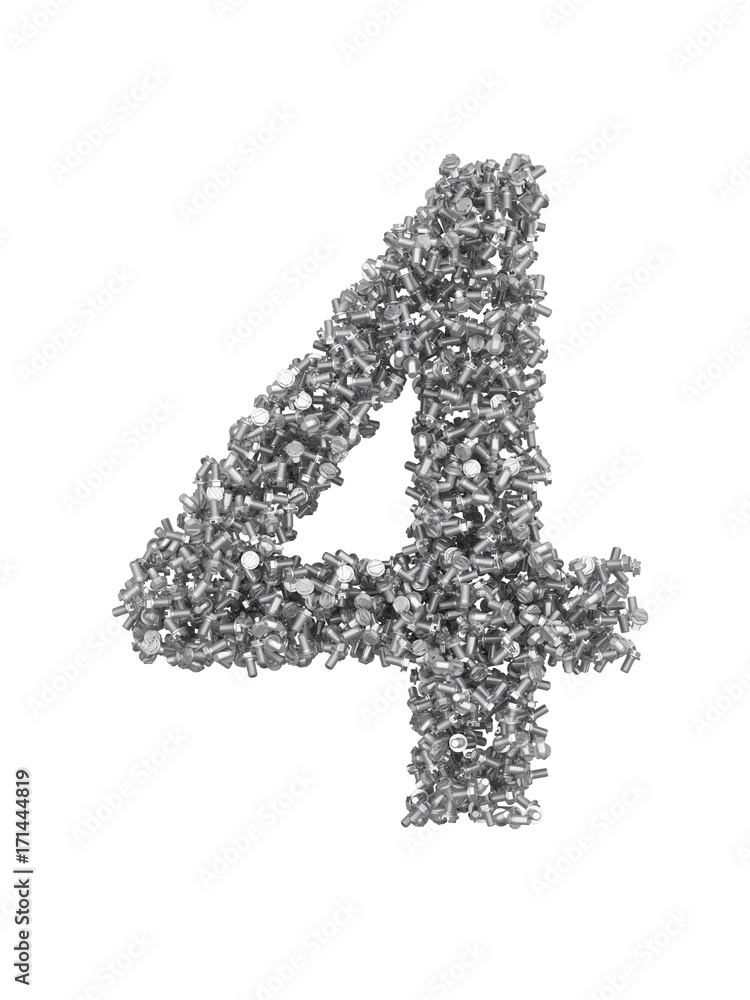 3D render of silver or grey alphabet make from bolts. small number 4 with clipping path. Isolated on white background 3D render of silver or grey alphabet make from bolts. small number 4 with clipping path. Isolated on white background