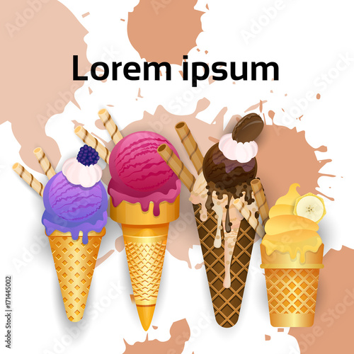 Ice Cream Cones Set Different Taste Dessert Colorful Poster Vector Illustration