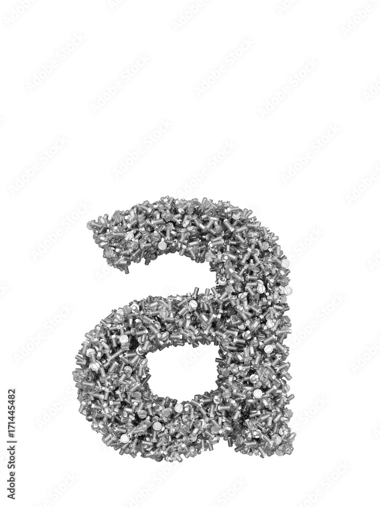 3D render of silver or grey alphabet make from bolts. small letter a with clipping path. Isolated on white background 3D render of silver or grey alphabet make from bolts. small letter a with clipping path. Isolated on white background