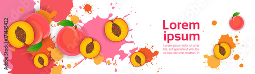 Abstract Paint Splash And Fruits Peach Set Over White Background For Copy Space And Text Flat Vector Illustration
