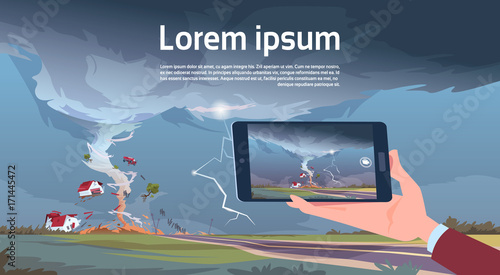 Hand Holding Tablet Filming Twisting Tornado Destroying Farm Hurricane Landscape Of Storm Waterspout In Countryside Natural Disaster Concept Flat Vector Illustration