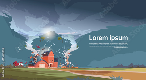 Twisting Tornado Destroying Farm Hurricane Landscape Of Storm Waterspout In Countryside Natural Disaster Concept Flat Vector Illustration
