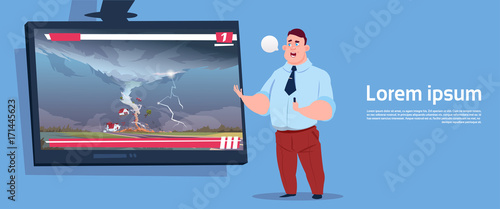 Man Leading Live TV Broadcast About Tornado Destroying Farm Hurricane Damage News Of Storm Waterspout In Countryside Natural Disaster Concept Flat Vector Illustration