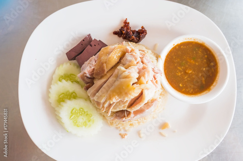 Hainanese chicken rice , Thai gourmet rice topped with chicken ,thai food .