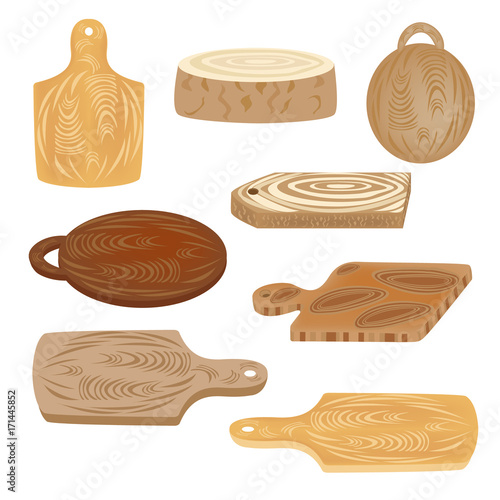 Set of empty wooden cutting boards on white background. Vector illustration