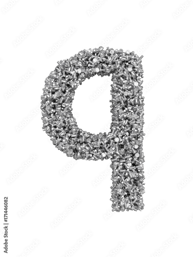 3D render of silver or grey alphabet make from bolts. small letter q with clipping path. Isolated on white background 3D render of silver or grey alphabet make from bolts. small letter q with clipping path. Isolated on white background