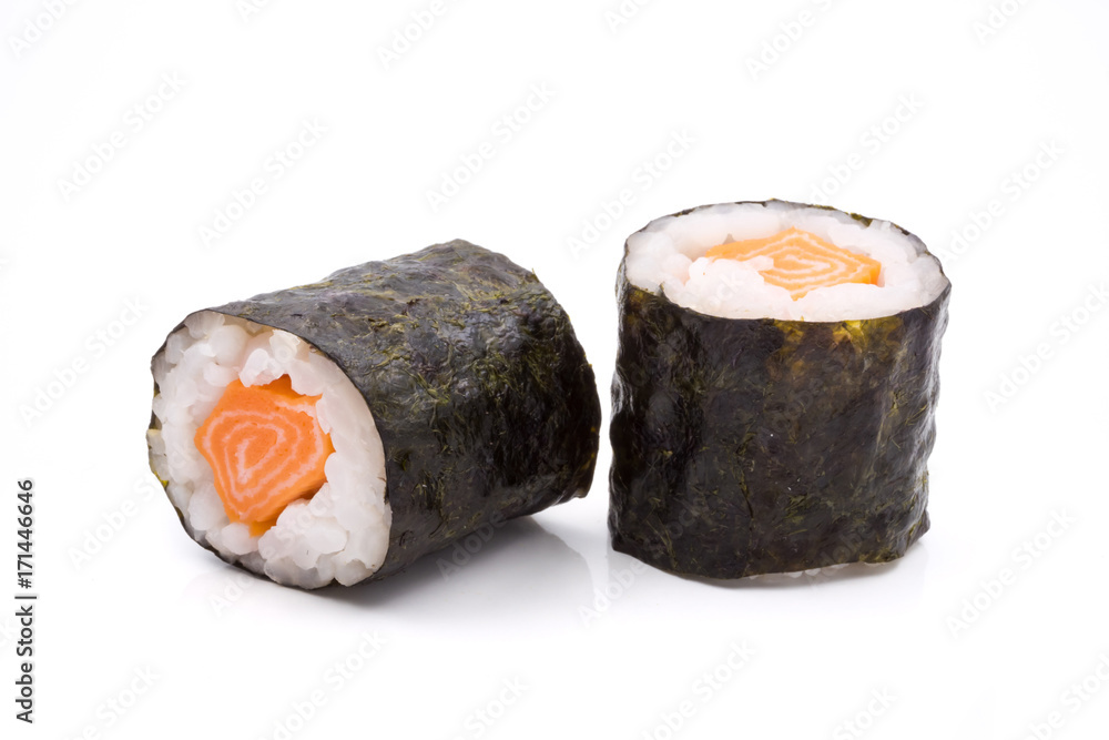 Sushi rolls, rice with salmon and seaweed on white background, japanese food. Sushi rolls, rice with salmon and seaweed on white background, japanese food.