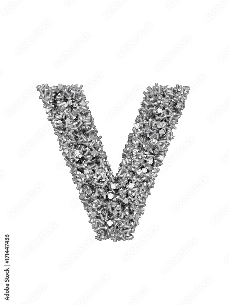 3D render of silver or grey alphabet make from bolts. small letter v with clipping path. Isolated on white background 3D render of silver or grey alphabet make from bolts. small letter v with clipping path. Isolated on white background