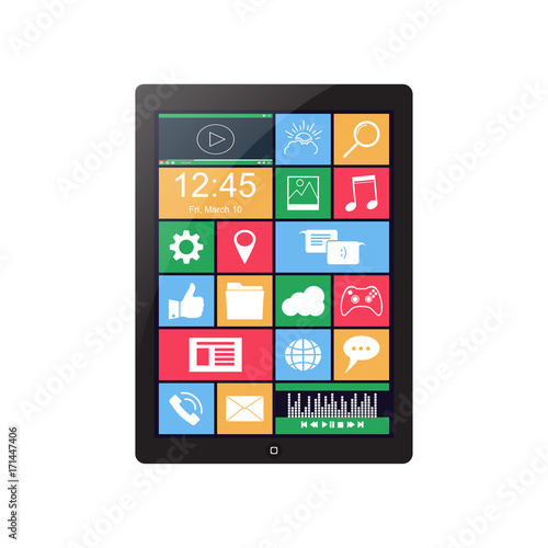 Vector realistic tablet with apps icons. Islolated on white background.