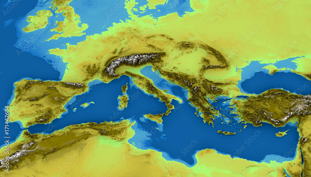 Cartina del mar Mediterraneo ed Europa, mappa delle altezze, fondo marino, Africa e Medio Oriente, 3d. Cartina fisica