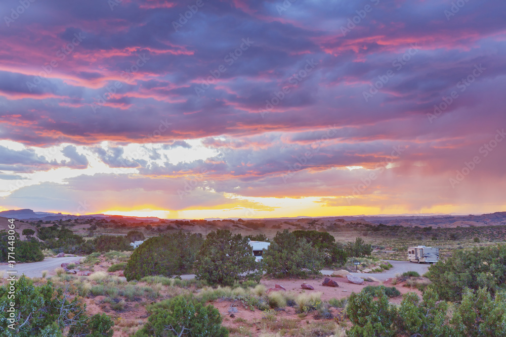 Sonnenuntergang, Sand Flats Campground, Wohnmobil, Camping Sonnenuntergang, Sand Flats Campground, Wohnmobil, Camping