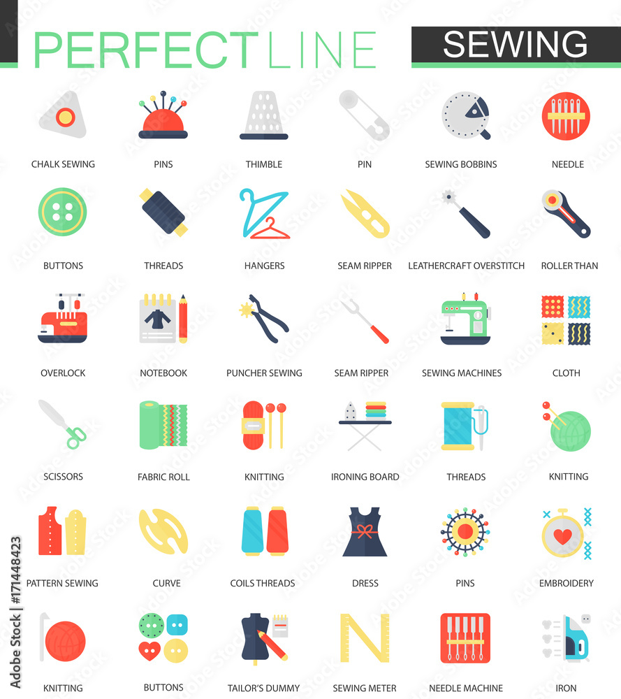 Vector set of flat needlework and sewing equipment icons.