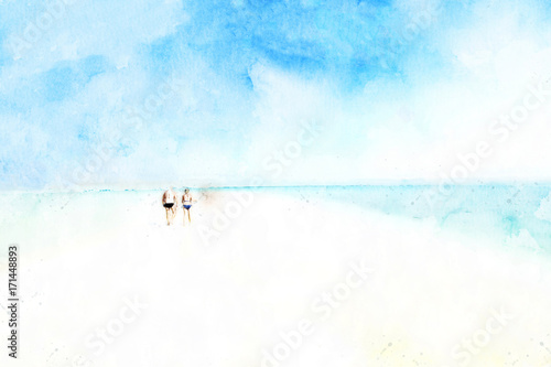 Sea and sand beach in summer with watercolor painting effect