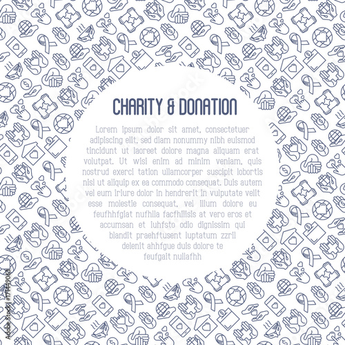 Charity and donation concept with thin line icons related to nonprofit organizations, fundraising, crowdfunding and charity project. Vector illustration for banner, print media with place for text.