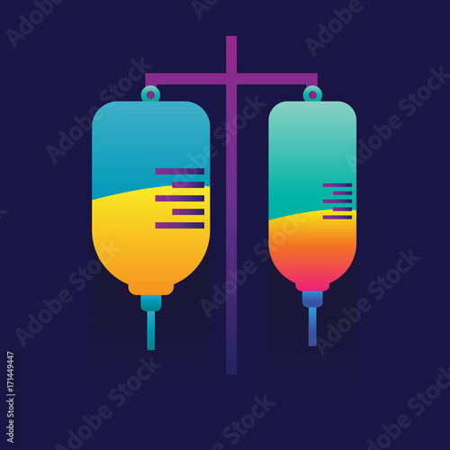 Blood transfusion saline bag vector on blue background. icon