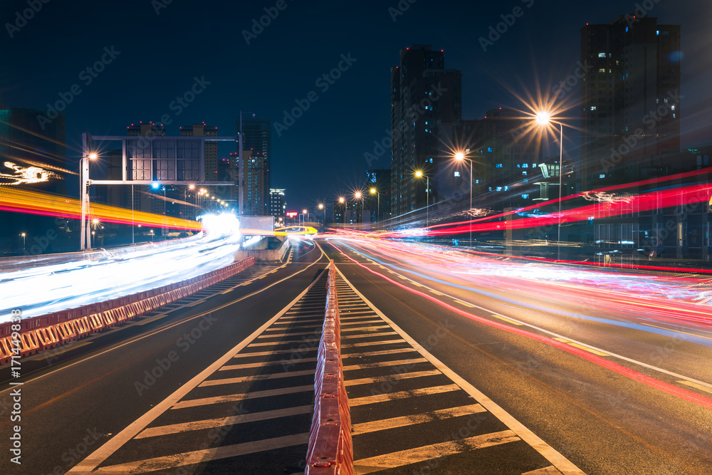 Traffic at night on a chinese elevated highway, Chengdu, China