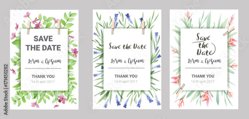 Hand drawn vector save the date set, watercolor invitation template with flower. vector illustration