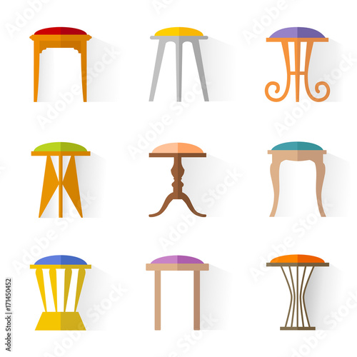 Stools vector. A set of icons of various tabouret, in a flat style. Illustration.