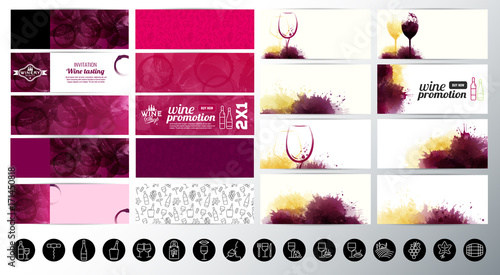Set of banners with textured wine stains background. Wine icons. Suitable for web banners, cards, invitations, promotion coupons. Vector