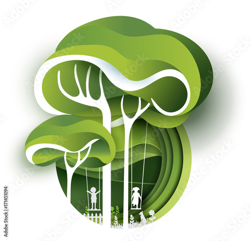  tree with swinging kid , paper art style.vector illustration